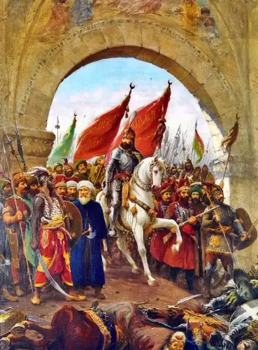 Fatih Sultan Mehmet’in 29 Mayıs 1453’te İstanbul’a girişini tasvir eden Fausto Zonaro tablosu; beyaz at üzerindeki padişah, Osmanlı askerleri ve şehrin kapısından yapılan zafer geçişi.